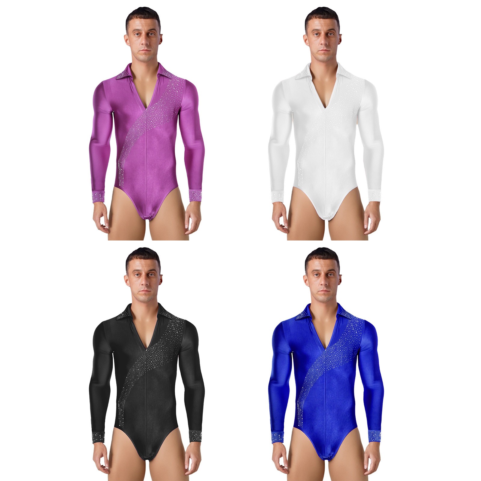 US Men Latin Dance Leotard Shiny Bodysuit Cha Cha Salsa Tango Ballroom Dancewear