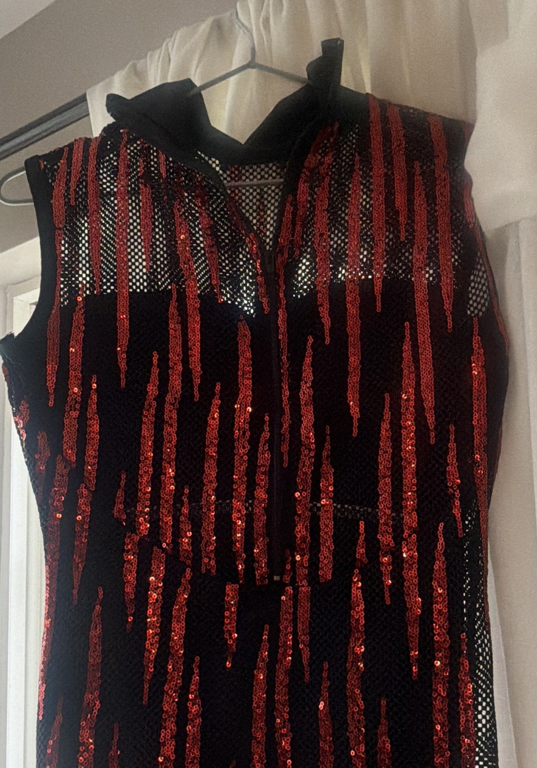 Women’s Black Red Unitard Red Sequin Zip Back -size adult medium