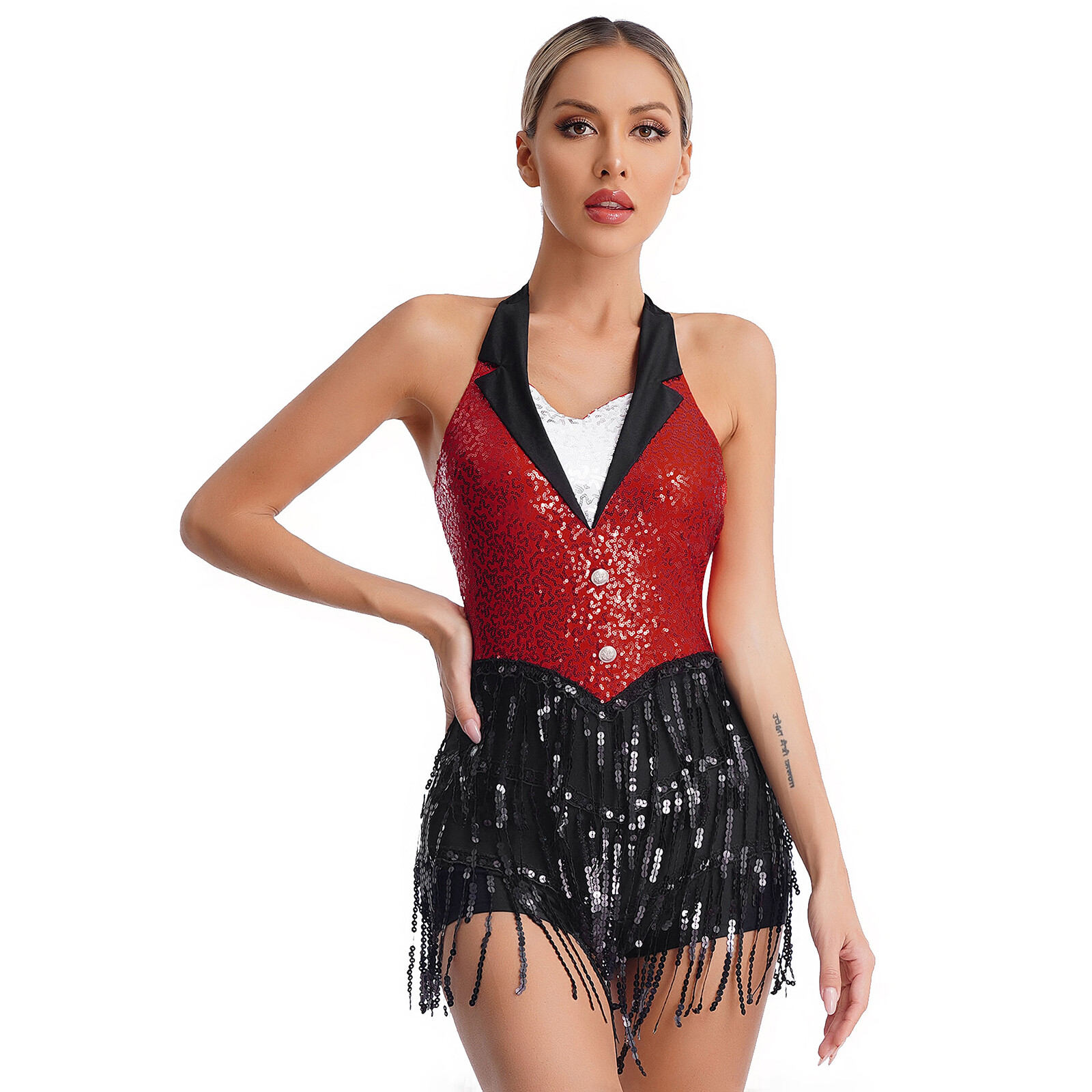 Womens Leotard Cha-Cha Dancewear Sequins Jumpsuits Samba Dress Salsa Unitards