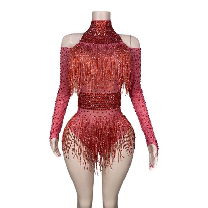 Rhinestones Fringe Skirt Bodysuit Women s Birthday Party Evening Costumes Gift