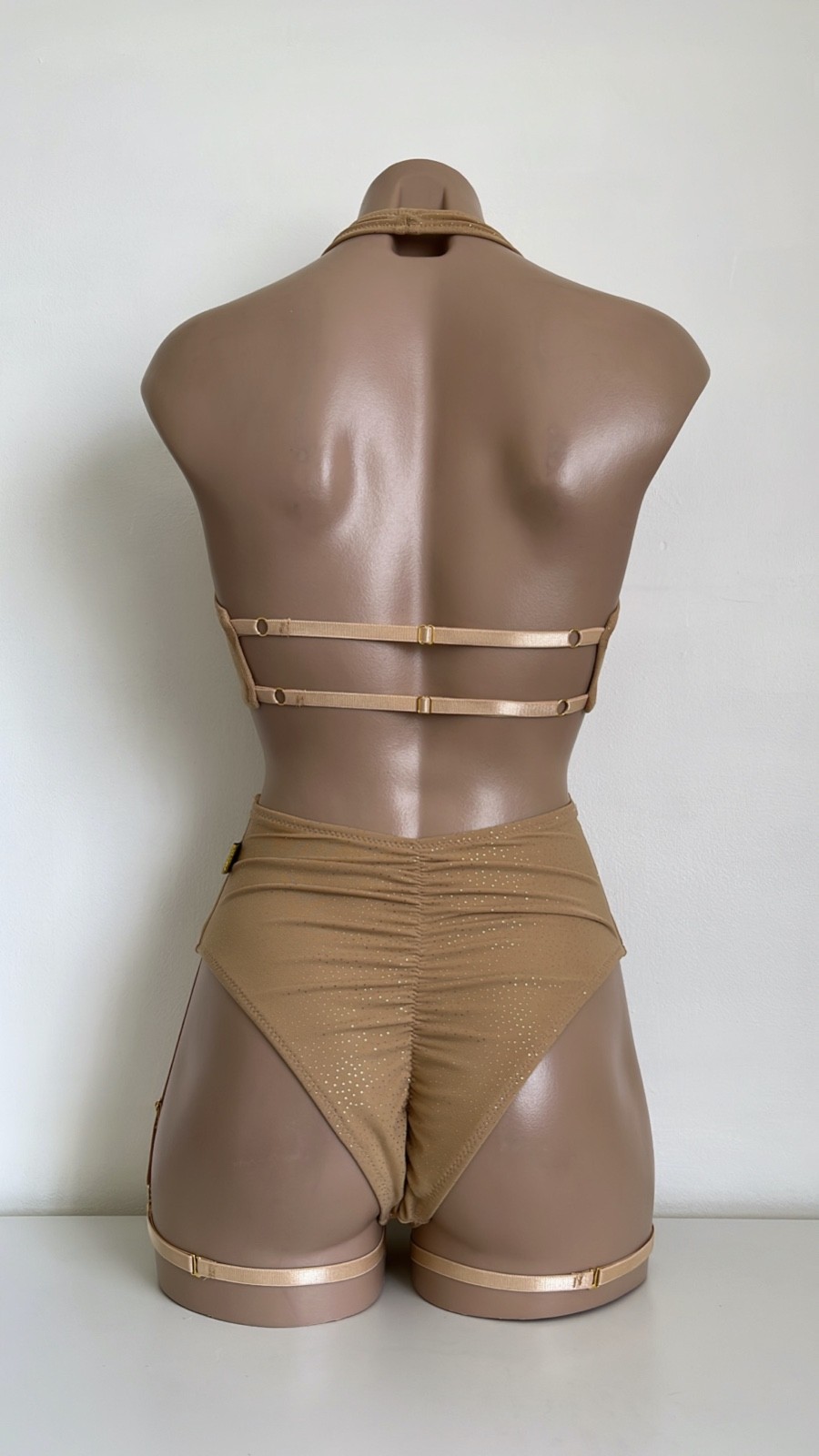 Schminke 👄 pole dance wear sheer nude gold mesh halter top & bottoms high waist