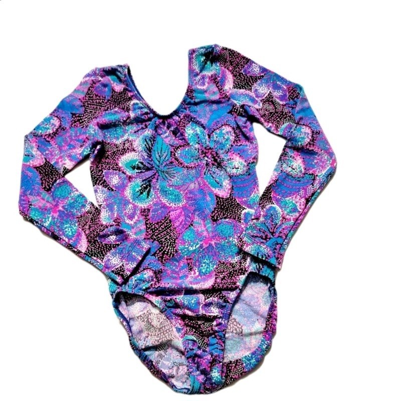GK Elite VTG Vibrant Blue Pink Botanical Cotton LS Leotard Bodysuit AS Adult S