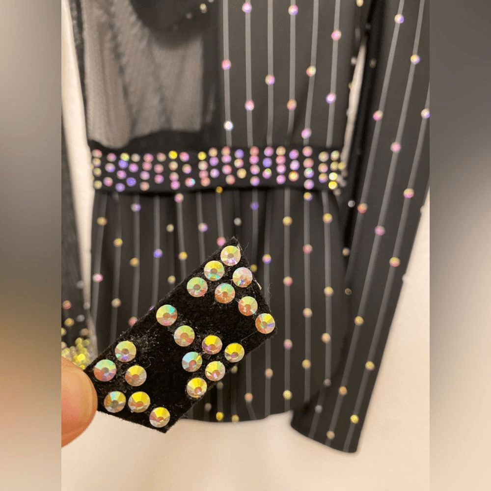 Kelle solo dance costume 2 piece black pin stripe jazz bling 5333 stoned LC