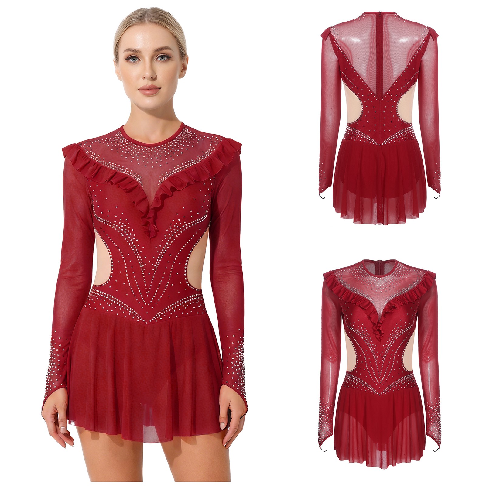 Women Figure Ice Skating Dress Mesh Ballet Dance Leotard Contemporary Dancewear