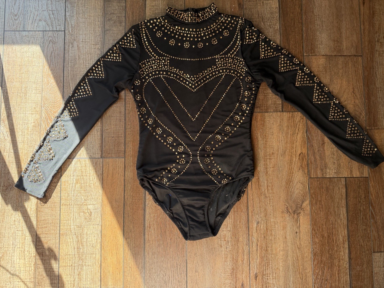 Glamour Costumes Black Studded Gold Hardware Mesh Leotard Bodysuit Large 92475