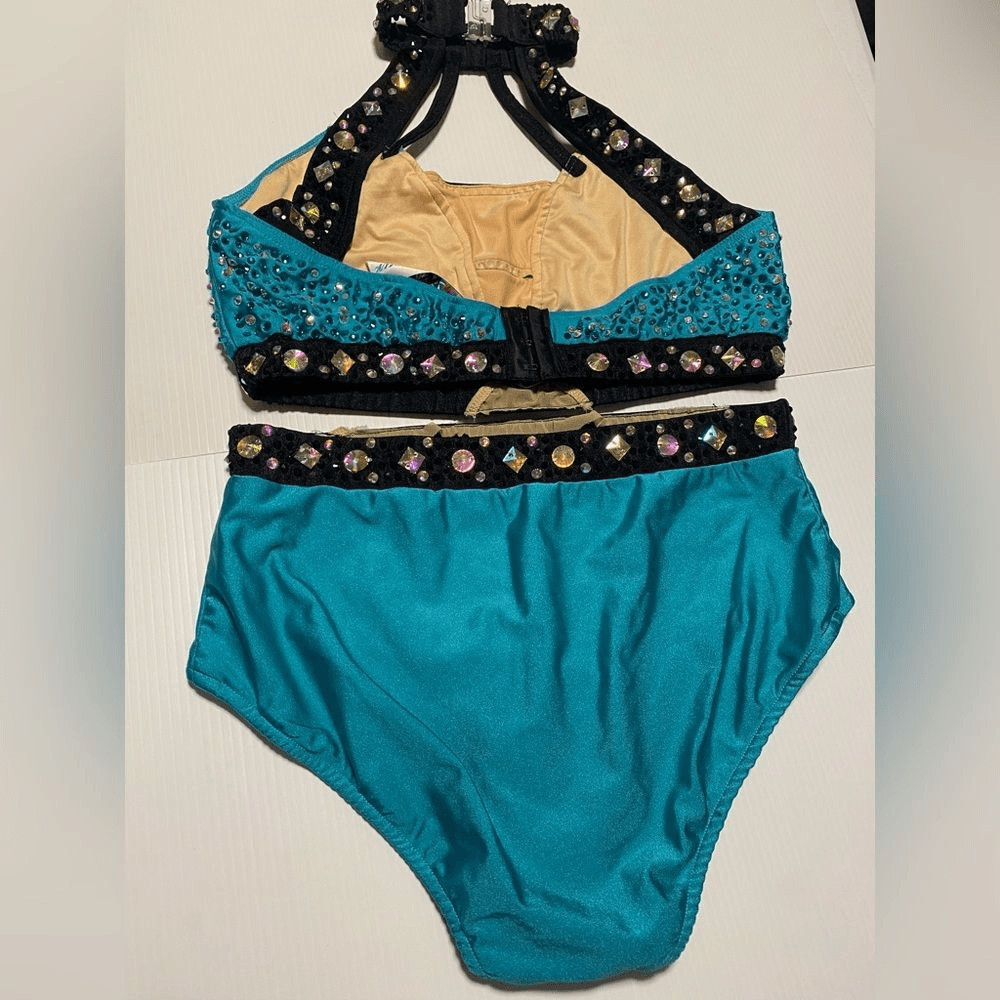 Glamour teal aqua solo 2 piece embellished Dance Costume Leotard LA-Large adult