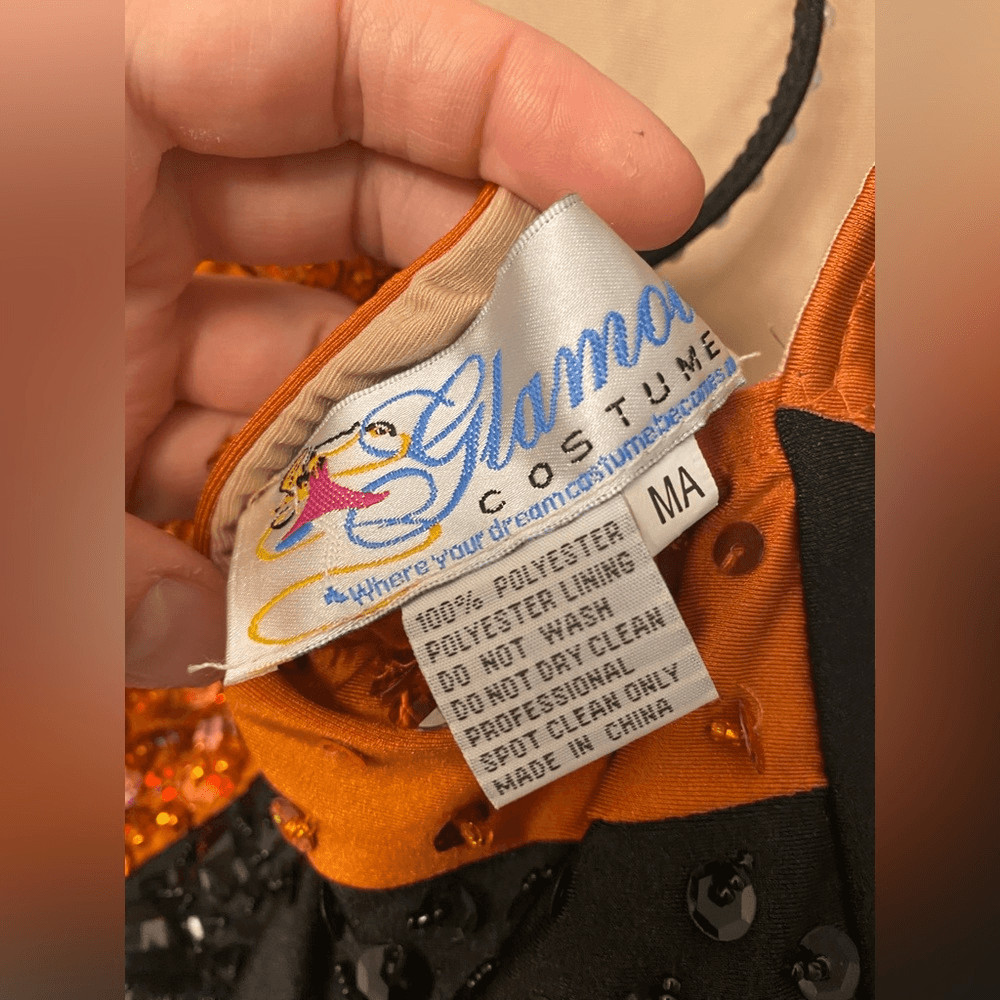 Glamour solo dance costume orange black one sleeve rhinestones MA medium adult