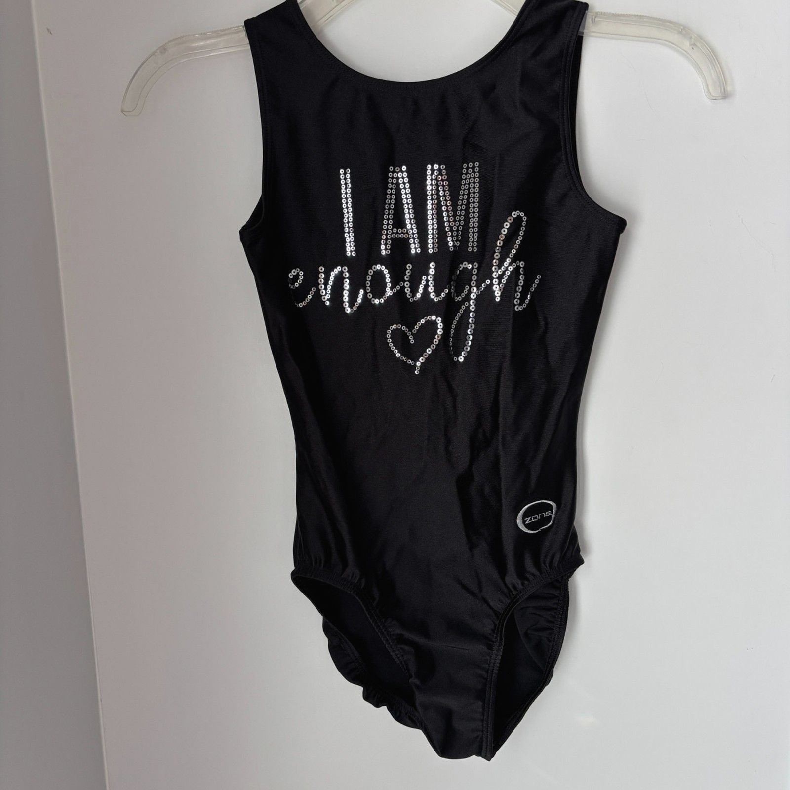 OZONE Gymnastics Athletic Leotard Size AS Black Silver Sequin I AM ENOUGH #1