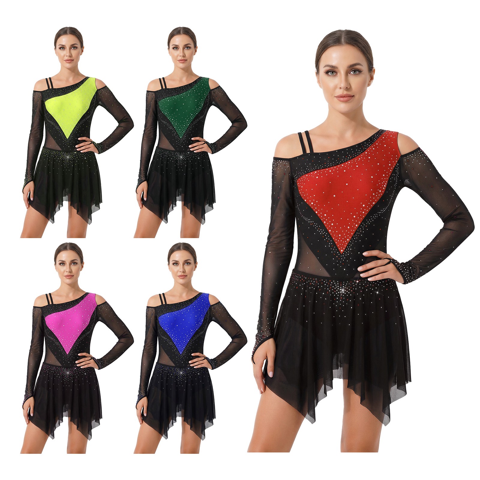 Womens Dancewear Color Block Bodysuit Lyrical Dress Hem Irregular Costume Mesh