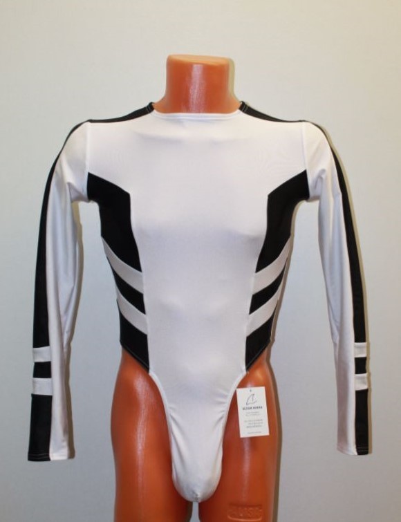 Men Thong Leotard 159-22 Long Sleeve Zipper Back White and Black Spandex Size L