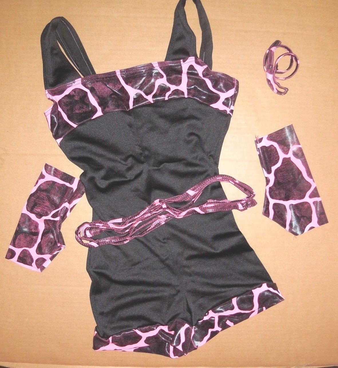 NWT PVC Giraffe Print Shorty Unitard w/mitts belt XLch/ladies szs Dance Costume