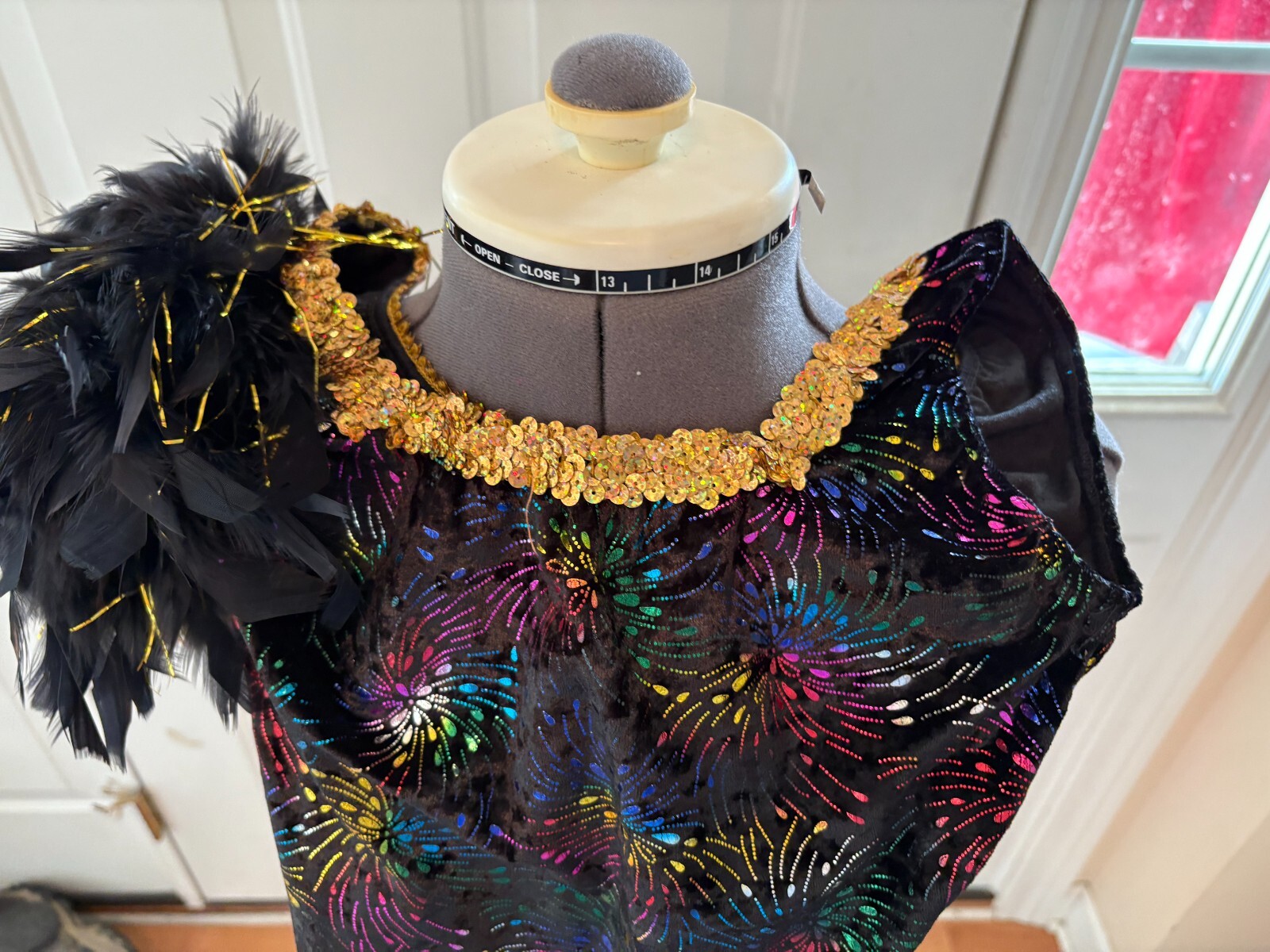 Black Rainbow Fireworks Feathers Dance Costume Leotard Adult Size Medium