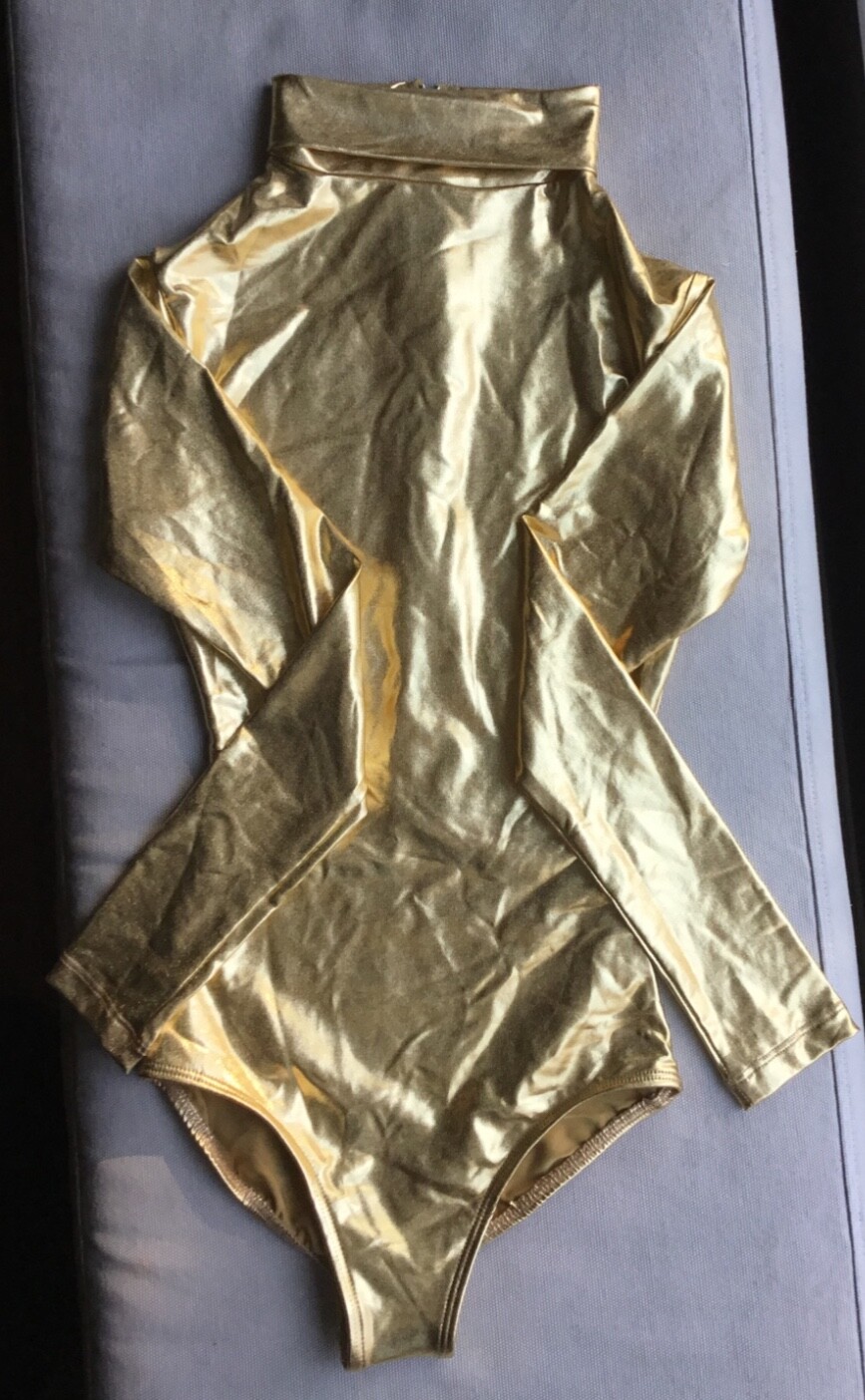 Women’s Long Sleeve Gold Metallic Spandex Turtleneck Leotard XS dance gymnastics