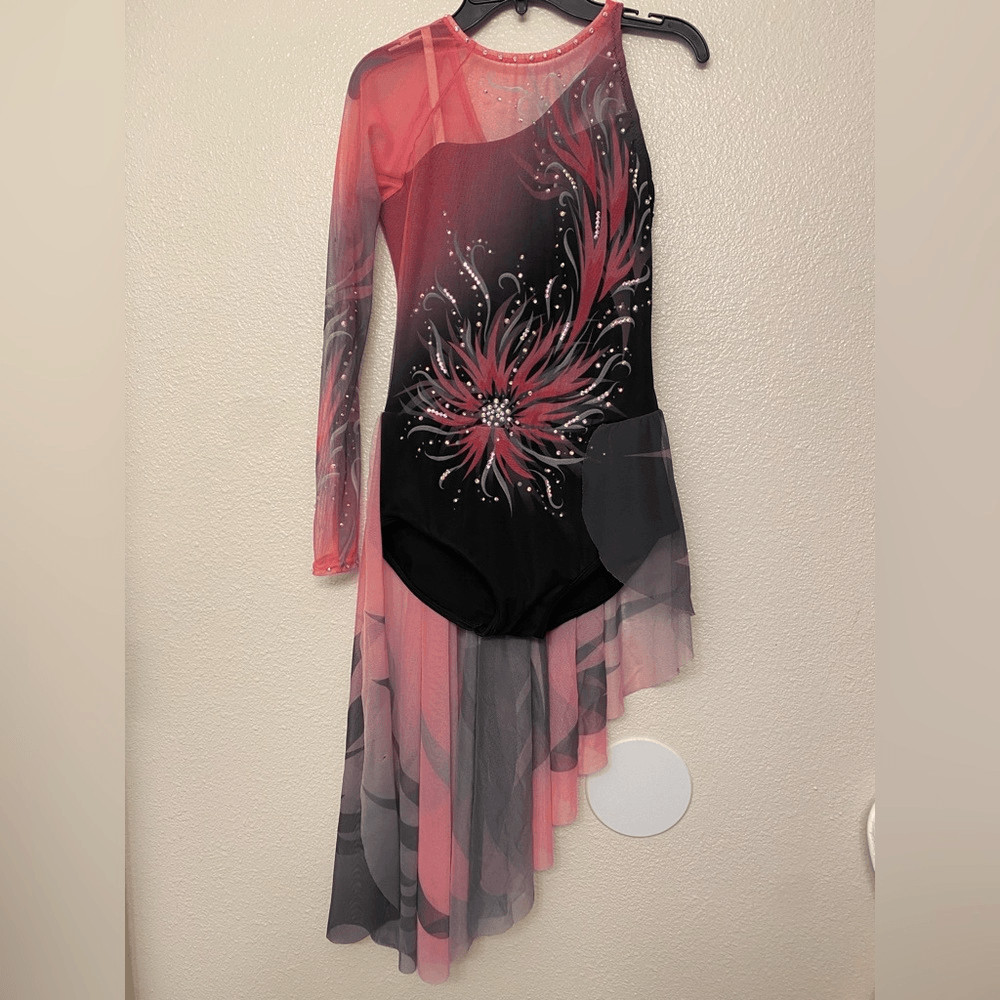 Lyrical skating solo dance costume black pink floral rhinestone ballet dress XLC