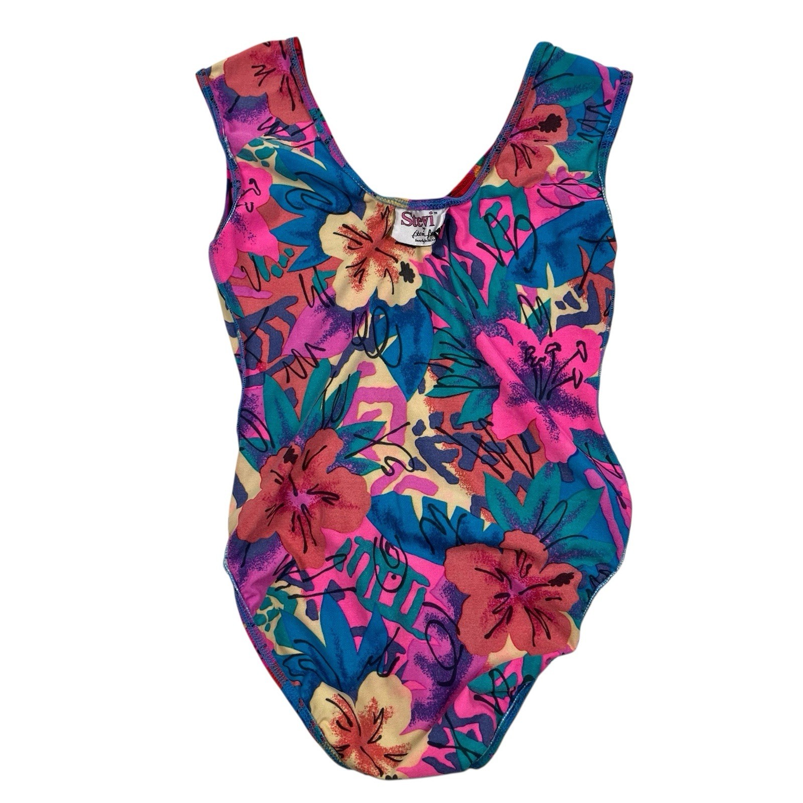 VTG 80s Stevi Brooks Colorful Floral One Piece Bodysuit Dance Leotard Size M