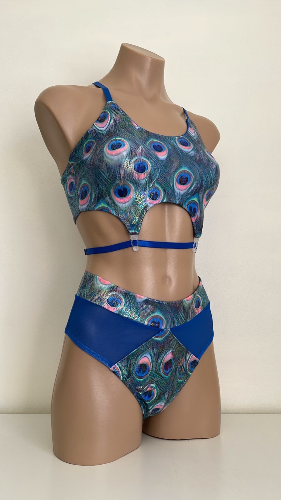 Schminke 🦚 peacock pole-dance set baby evil top & Hybrid bottoms high leg mesh