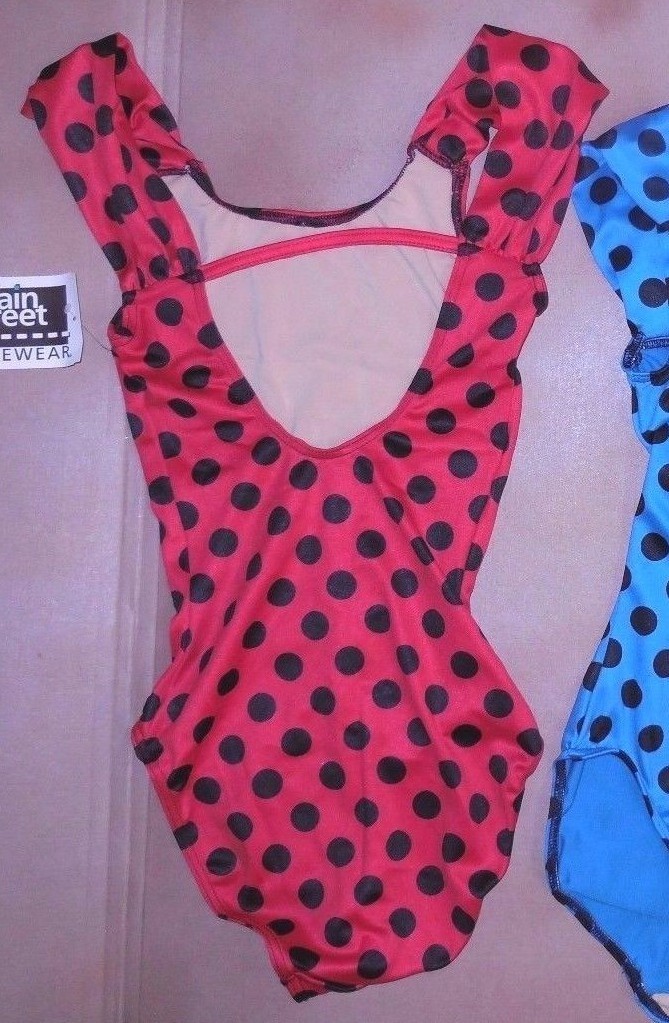 NWOT ruched strap Leotard Lowback Dotted frontlined flamenco leotard red/black