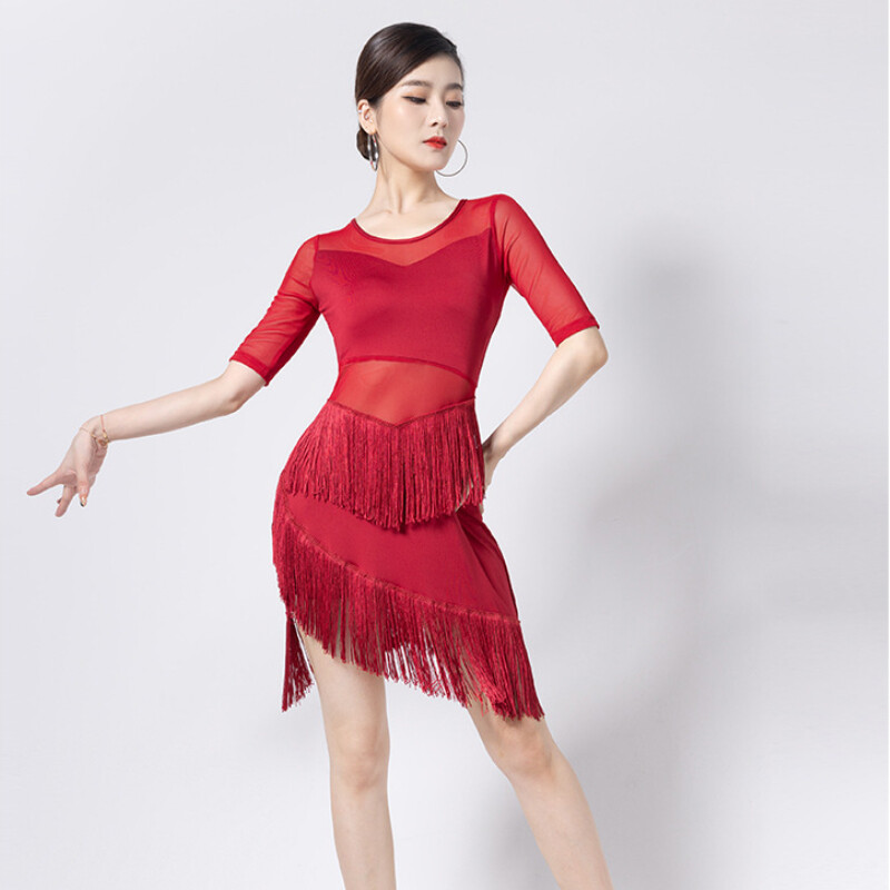 Women Tassel Dancewear Mesh Latin Dance Dress Ballroom Short Sleeve Tango