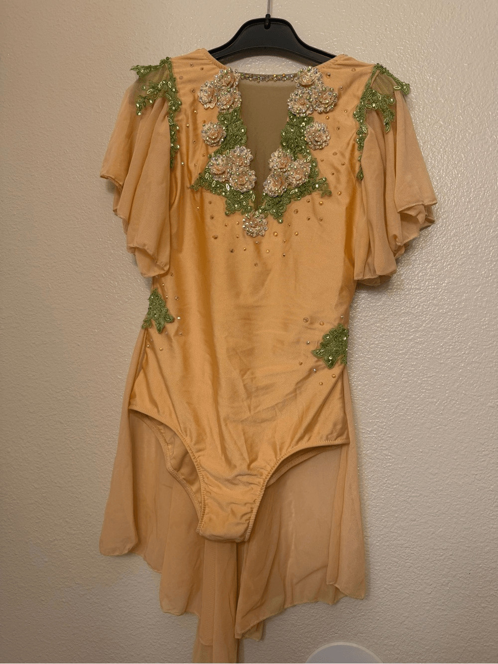 Glamour solo custom rhinestone dance costume tan nude illusion MA-Medium adult