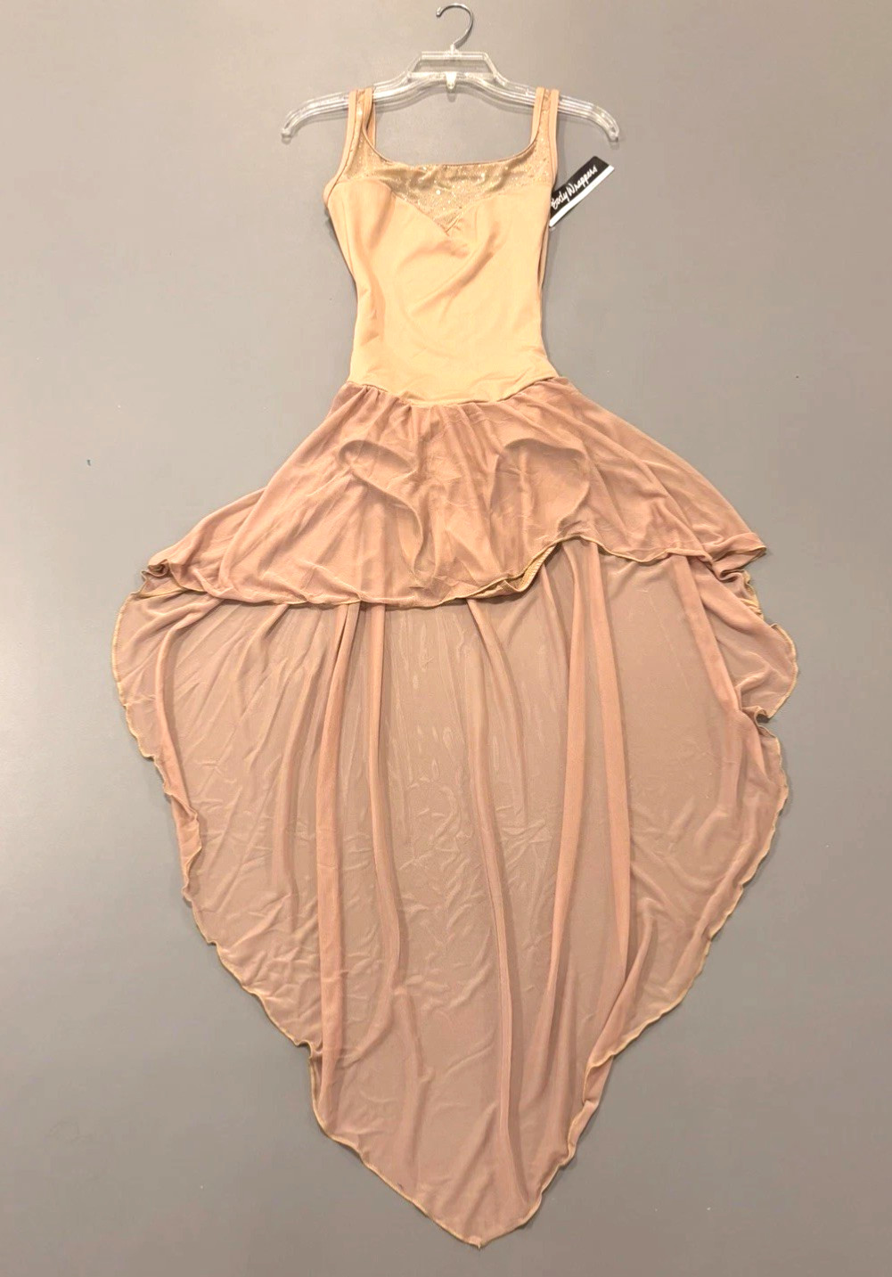 NWT~Body Wrappers Twinkle Mesh High-Low Tank Dress~Adult L~ Nude W/Gold Sparkles