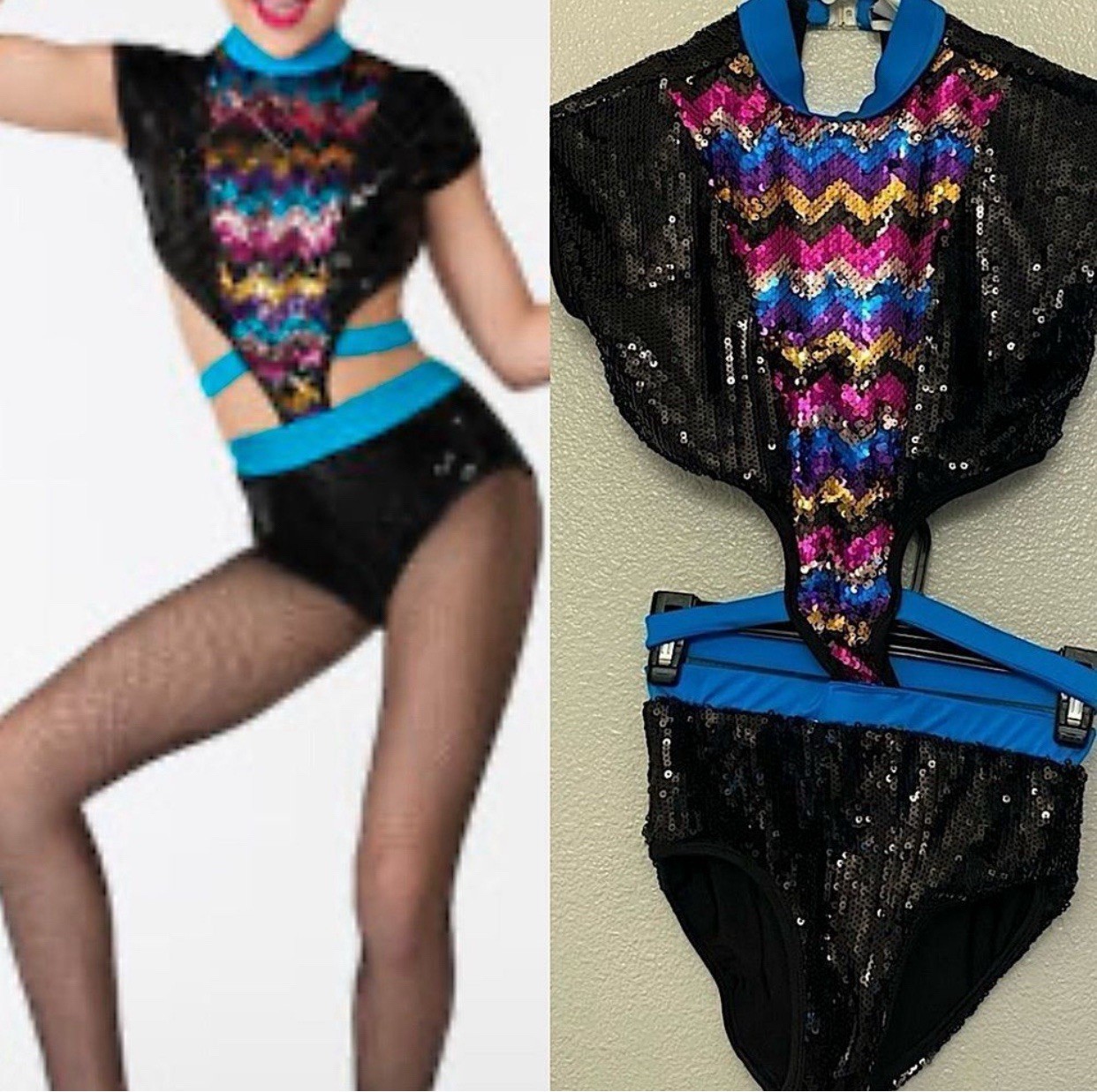 Glamour dance Solo costume 2 piece style chevron rainbow black sequin Leotard SA