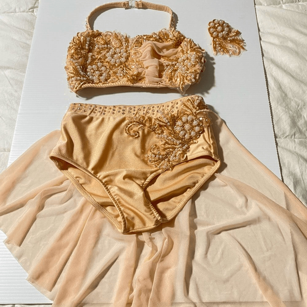 Glamour Dance Costume peach Champagne 2 Piece Pearl Lyrical Contemporary XLC SA