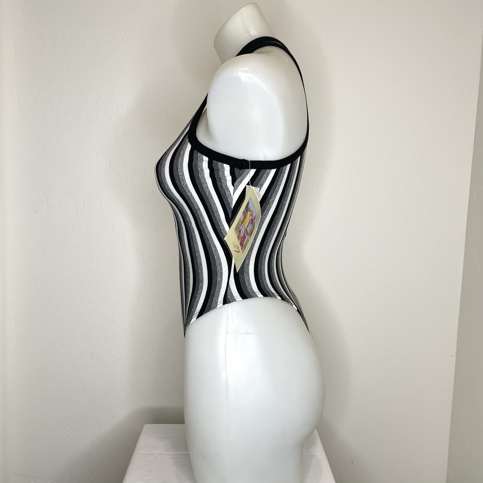 Vintage Marika 80’s Thong Workout Leotard Black Striped Zip Up Womens Medium