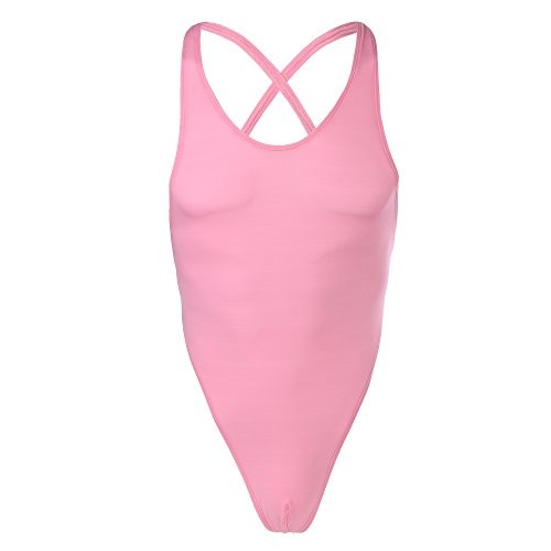 Men’s Sheer Bodysuit Cross Backless Sexy Thong Leotard One Piece Medium Pink