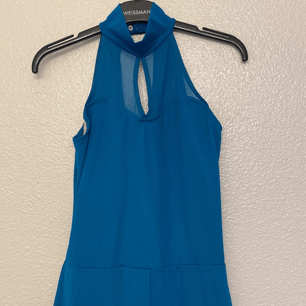 WEISSMAN Balera Dance Costume unitard teal Mock Neck Mesh Jumpsuit SM11532 SA
