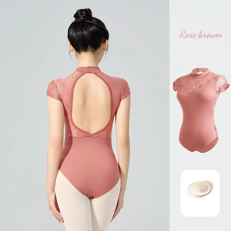 Women Ballet Adult Lace Splice Gymnastic Leotard Short Sleeve Dance Leotards