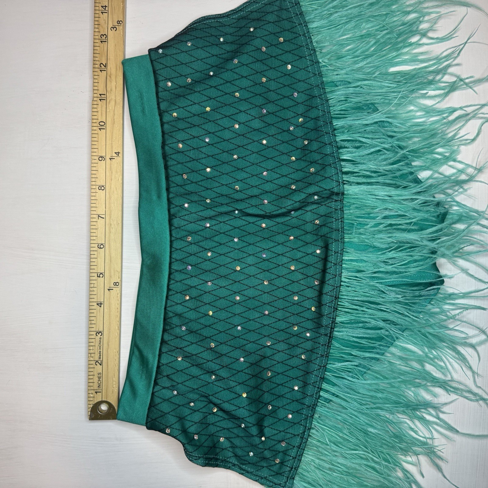 Weissman Elite Dance Costume SA Rhinestones & Ostrich Feathers Teal Bow 2pc Set
