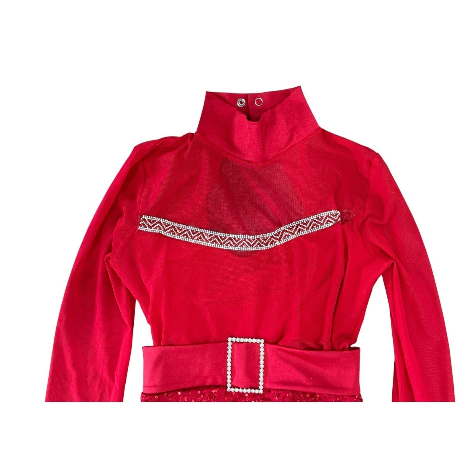 Weissman Adult Small Red Sequin Mesh Long Sleeve Dance Leotard Costume Belt