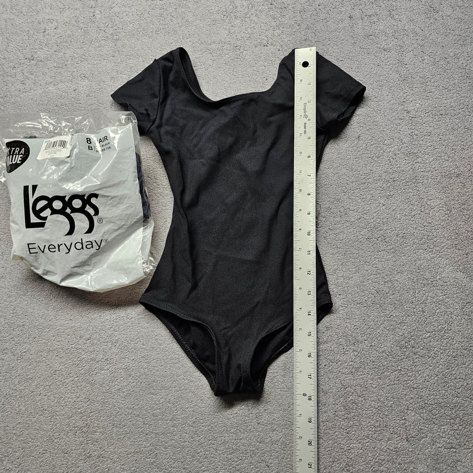 Black Short Sleeve Leotard and 4 L’eggs Everyday Off Black Sheer Toe Tights Set