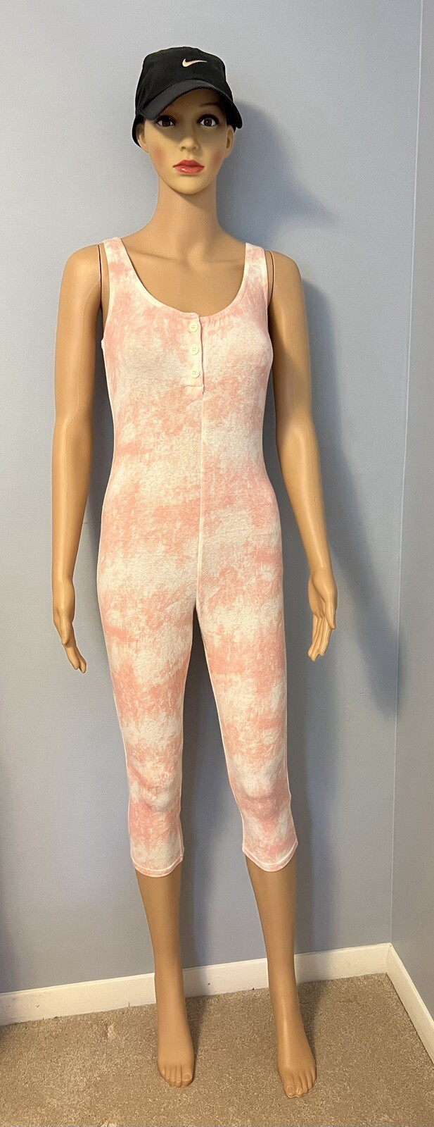 Vtg 80’s Aerobics Dance Jazzercise Pink Gear 1 L Capri Unitard w White Wrap Belt