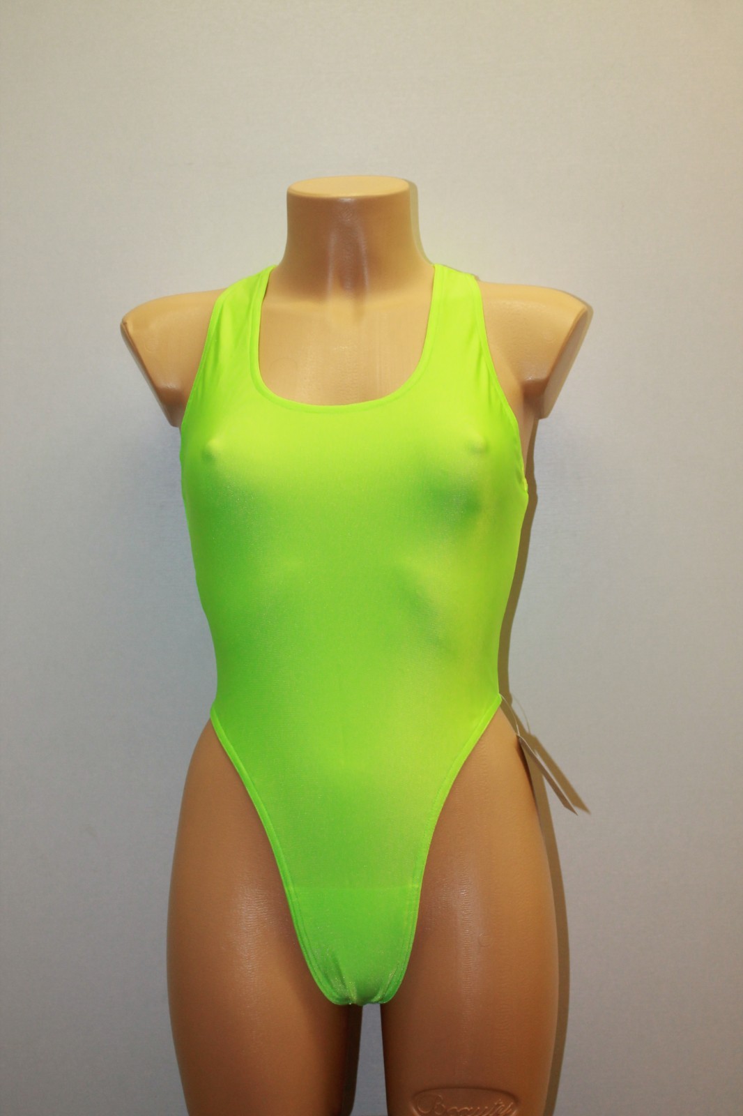 Women Thong One-piece Leotard 202-03 Racerback Lime Neon Spandex Size M