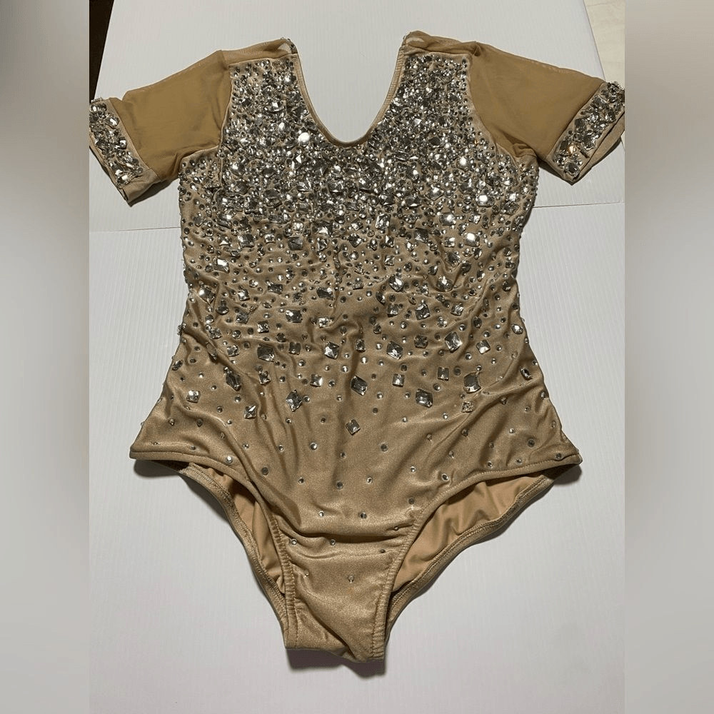 Glamour Solo Crystal Dance Costume Tan Beige Adult LA Nude Illusion Jazz