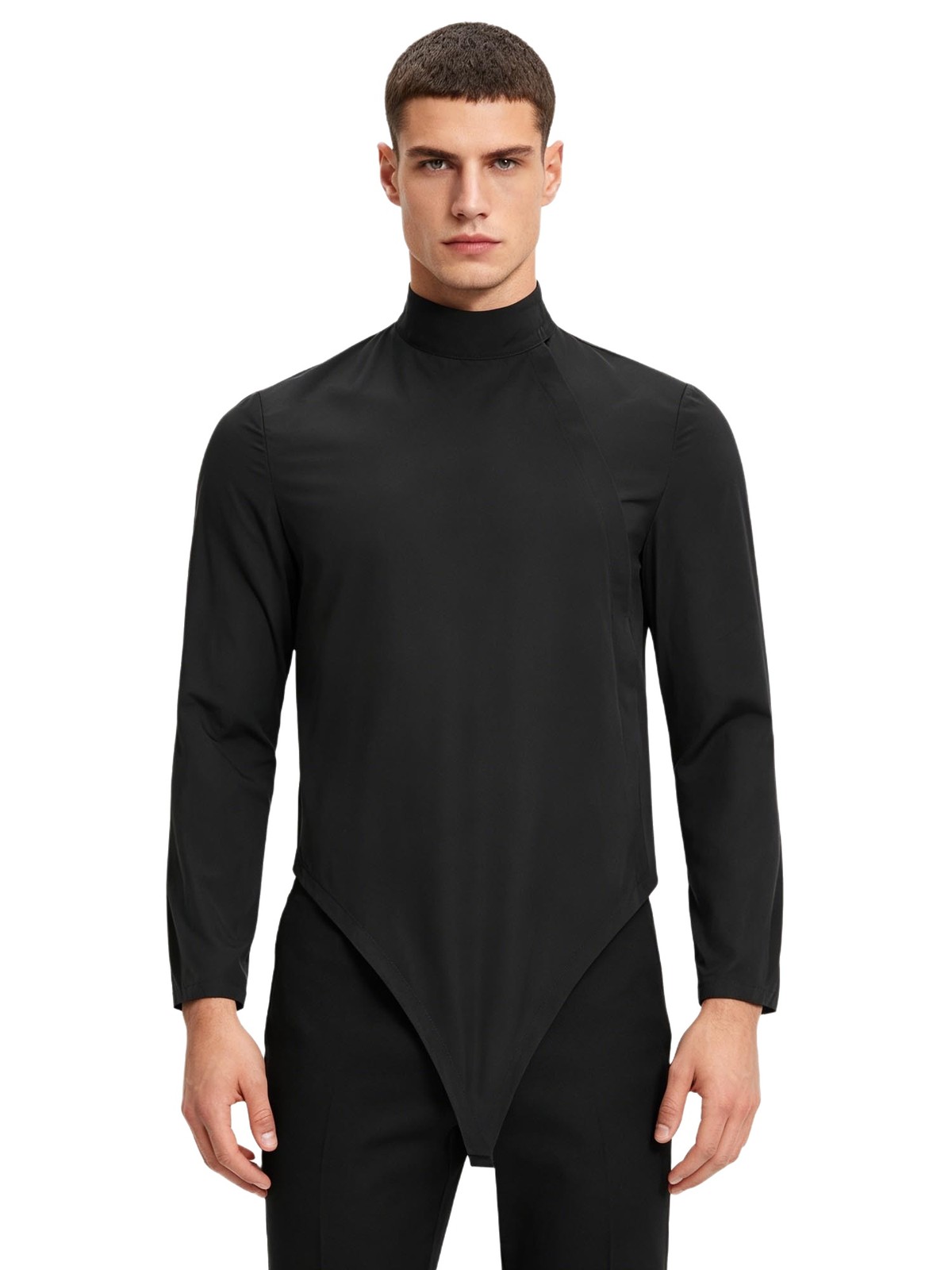 Men Leotard Buckle Crotch Jacket Solid Plain Color Bodysuit Long Sleeve Uniform