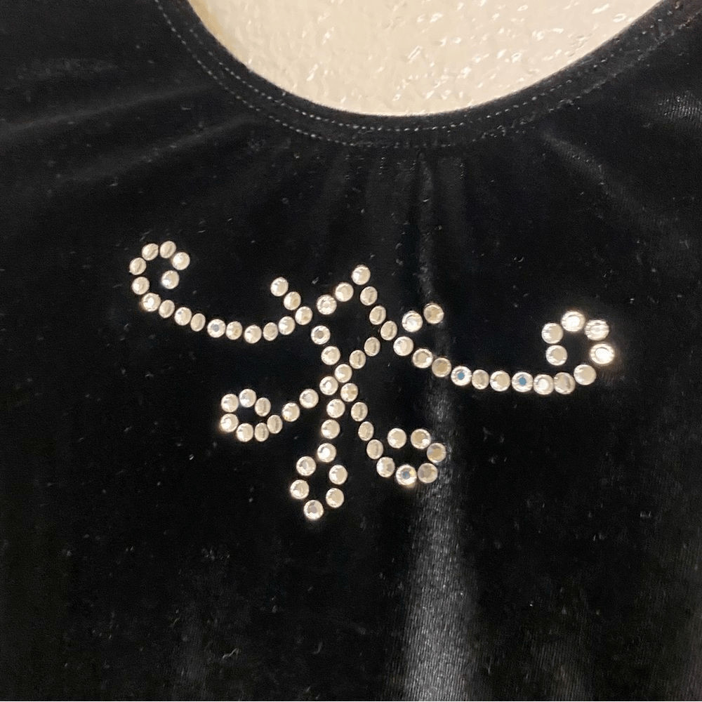 GK elite gymnastics competition leotard long sleeve black velvet rhinestone -S