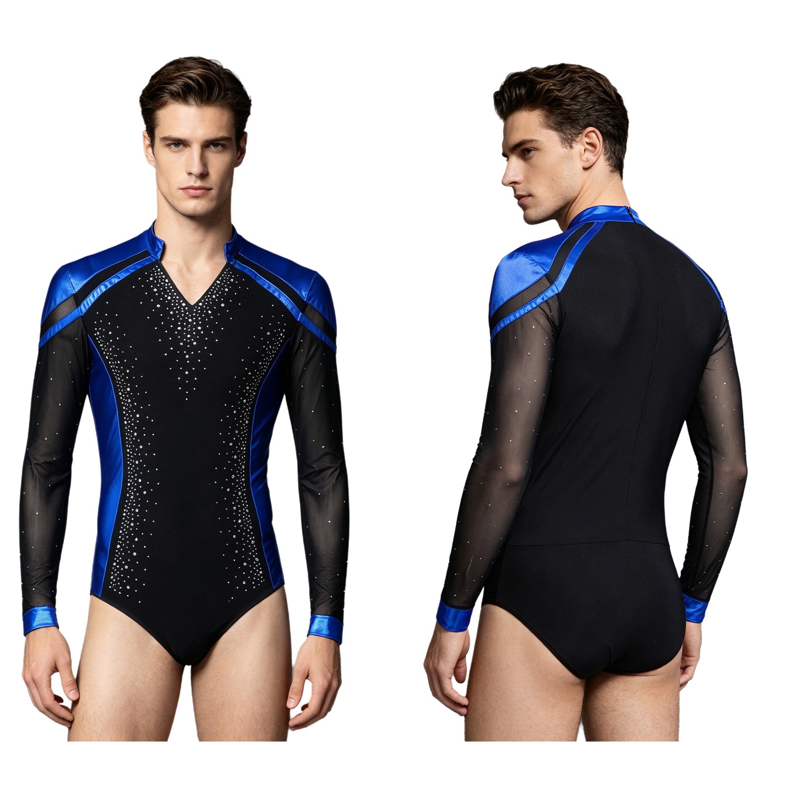 US Men Bodysuit Dancing Dance Leotard One-Piece Figure Skating Rhinestone Latin