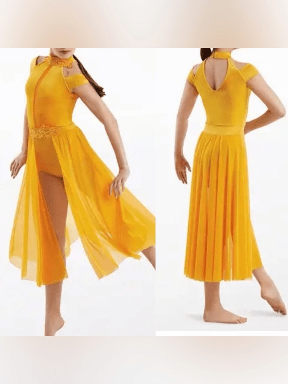 WEISSMAN Dance Costume yellow velvet maxi applique dress WASTE OF TIME 10984 SA