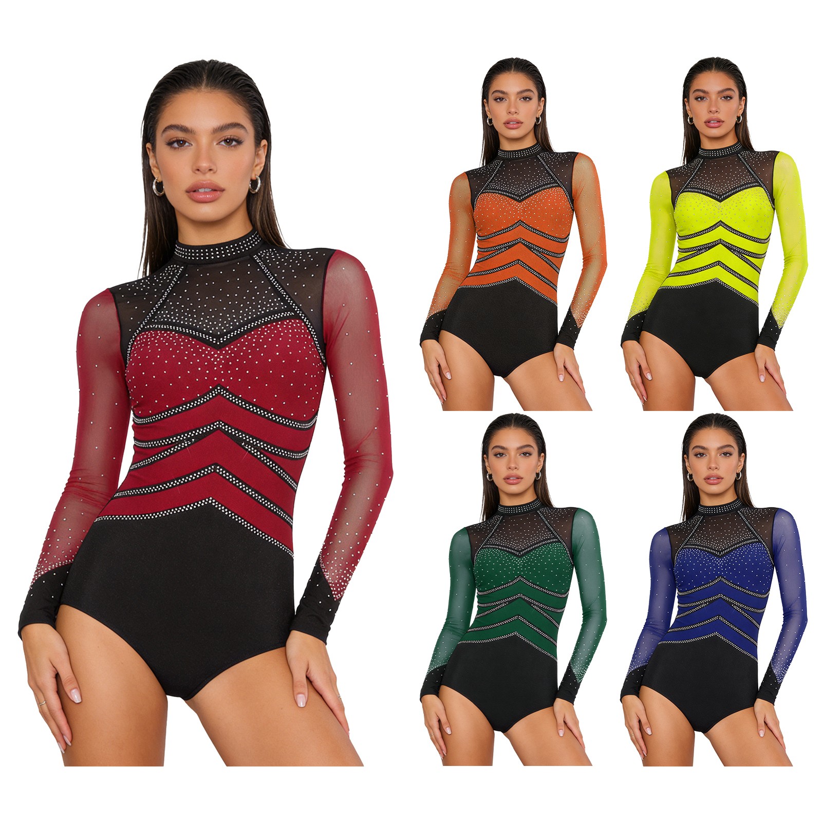 Women’s Rhinestone Ballet Dance Leotard Mesh Gymnastics Bodysuit Adult Dancewear
