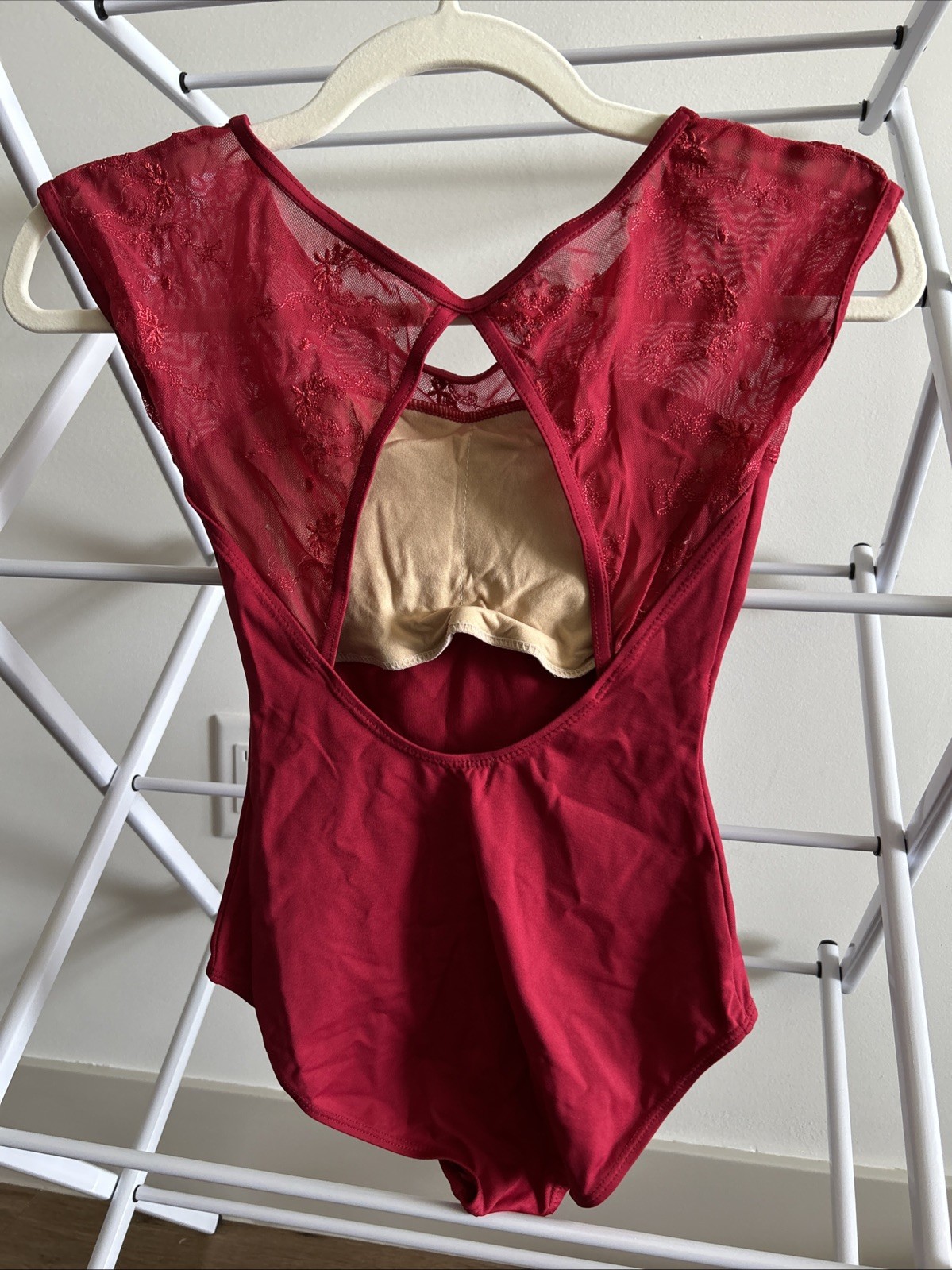 KH Martin Leotard XS Red Almost Cap Sleeve With Mesh Floral Accent & Bust Lining