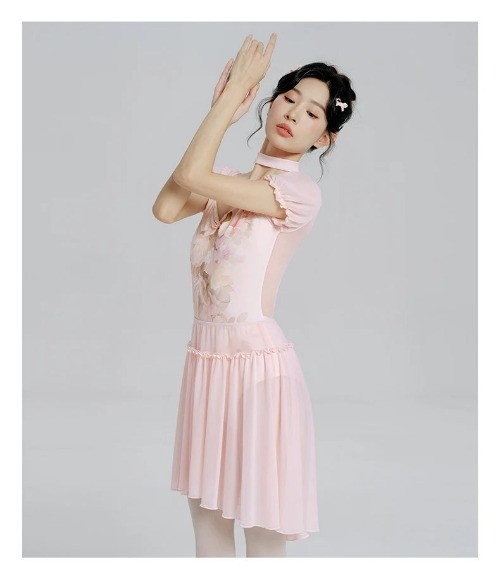 Woman Ballet Leotards Printed Dance Leotard Sleeve Ballet Elegant Mesh Splice