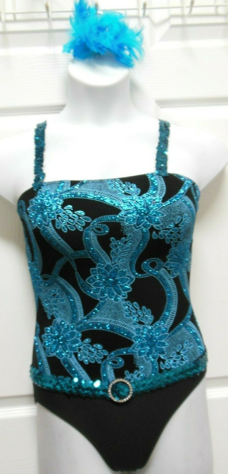 Dance Costume Leotard Turquoise glittered slinky Ladies Medium Sequin trim