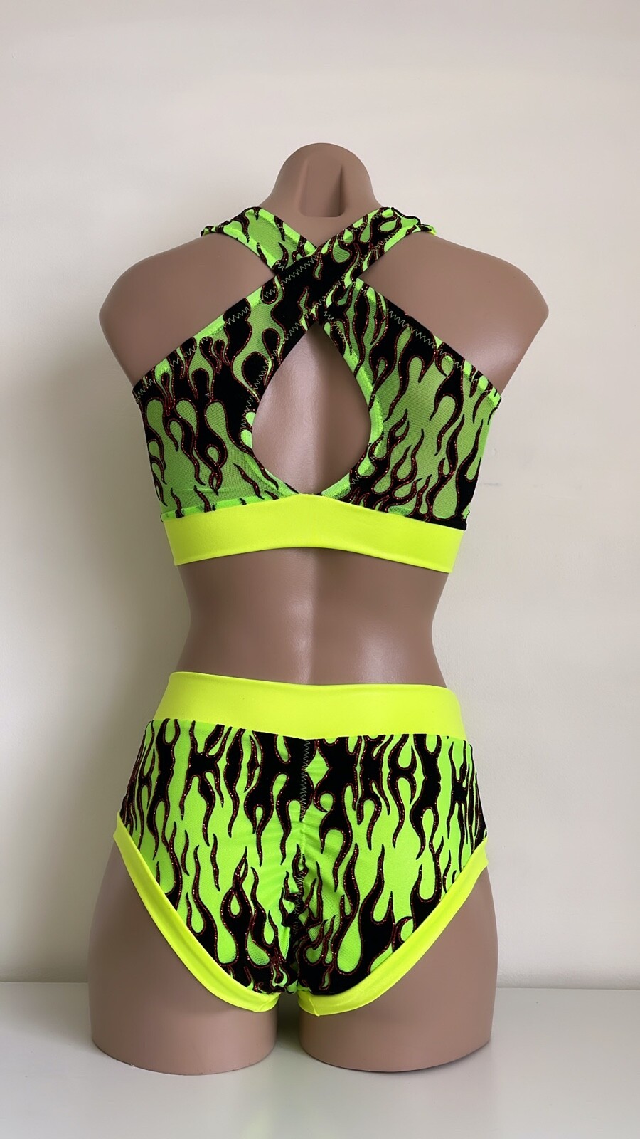 Schminke 🔥 Flames fire pole dance wear mesh UV ethereal neon crop top & bottoms