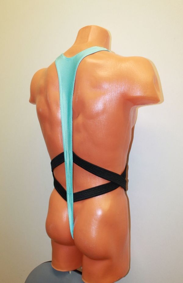 Men Thong Very Open Leotard 153-07 Light Blue and Black Spandex Size L