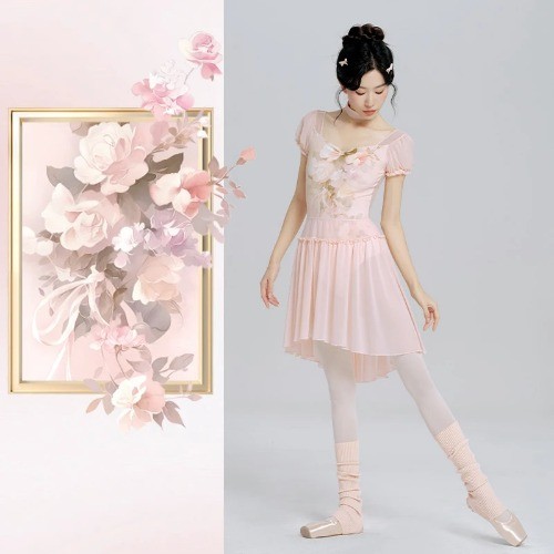 Woman Ballet Leotards Printed Dance Leotard Sleeve Ballet Elegant Mesh Splice