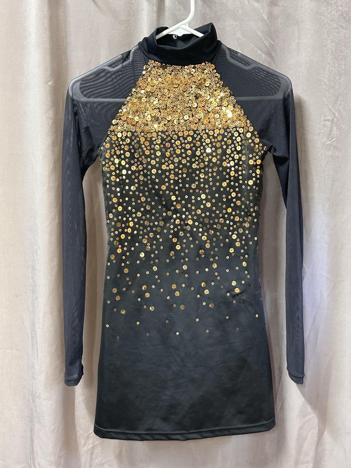BALERA sparkly black gold leotard mesh sleeves SA euc dance acro costume Women S