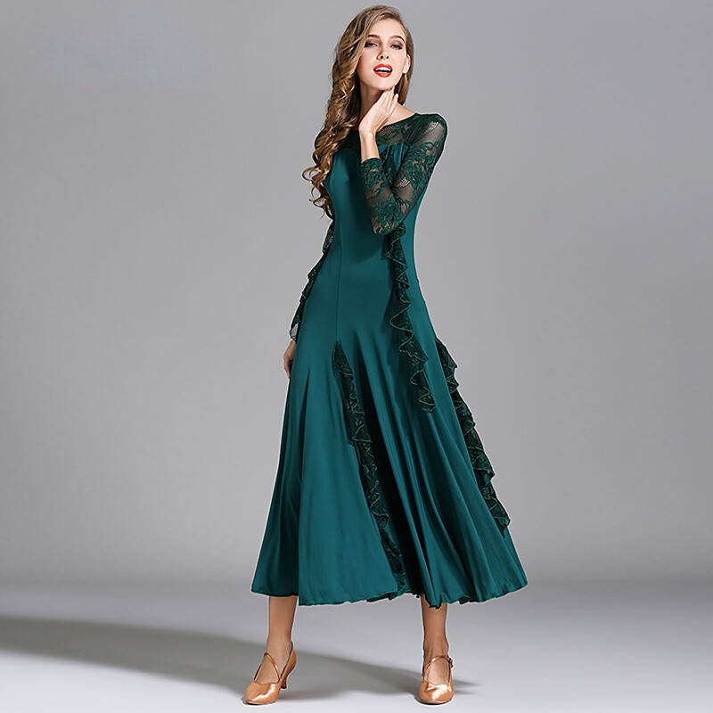 Women Long Sleeve Swing Dance Dress Modern Waltz Professional Ballroom Dancewear