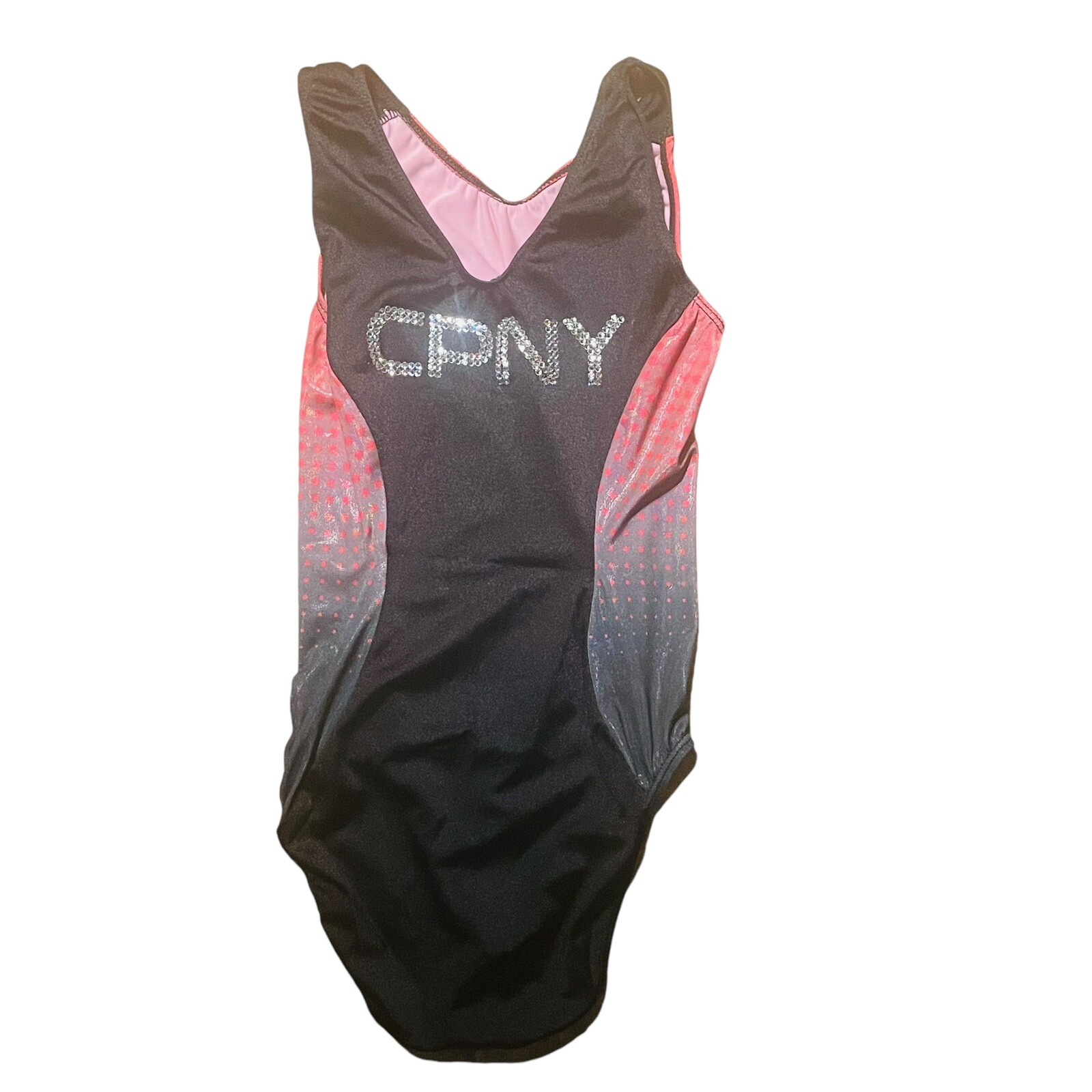 GK Elite CPNY Rhinestone LEOTARD Gymnastics Dance Black Red Dots Adult S
